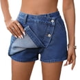 thumbnail image 2 of Women Casual High Waisted Solid Button Up Asymmetrical Denim Jean Skort Skirt Mini Shorts Deep Blue L, 2 of 9