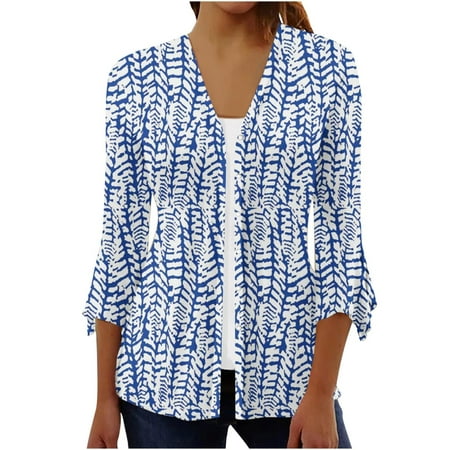 

DDAPJ pyju Cardigan for Women Summer 2023 Trendy 3/4 Sleeve Casual Print Button Shirts Dressy Plus Size Blouses Jacket Open Front Draped Tops