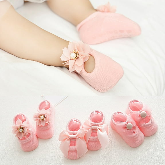 Dengjunhu 3 Pairs Newborn Baby Girl Solid Color Bowknot Flower Non-slip Cotton Floor Socks