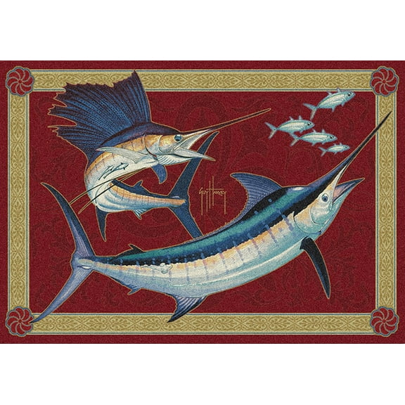 Milliken Red Nautical Fish Spears Area Rug Mini Slam - Aprx 5' 4" x 7' 8"