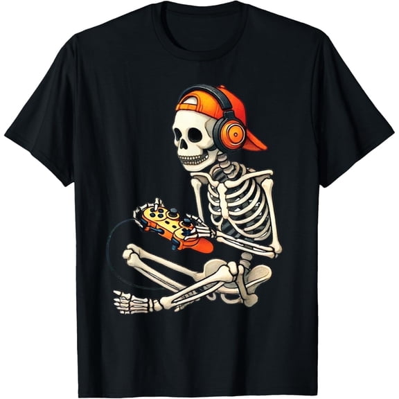 Halloween Skeleton Gamer Video Gaming Boys Men Tees T-Shirt