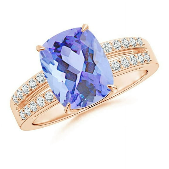 ANGARA Natural Cushion 2.6 ct Tanzanite Split Shank Ring with Diamonds in 14K Rose Gold for Women (Size-10x8mm) | December Birthstone, Anniversary, Jewelry Gift for Women | Natural Tanzanite Ring