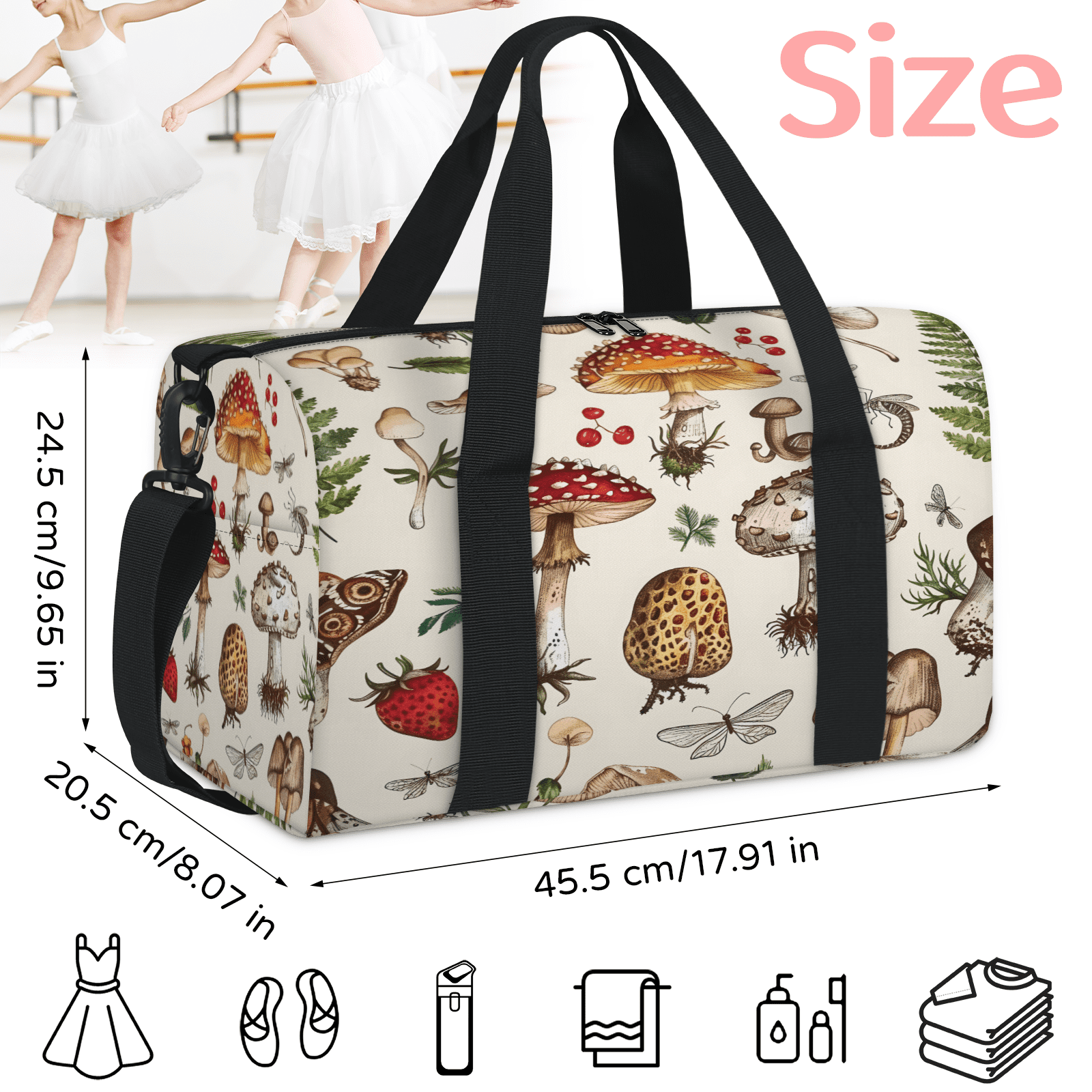 Herdesigns Mushroom Forest Gym Bag for Women, Duffle Bag for Travel Sport, Lightweight Waterproof Carry on Weekender Overnight Dance Yoga Workout Bags