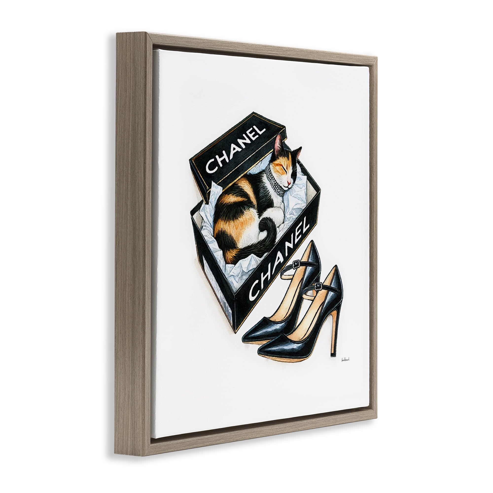 Stupell Industries Cat Sleeping Heels Box Animals Painting Brown Floater Framed Canvas Art Print Wall Art, 25 x 25