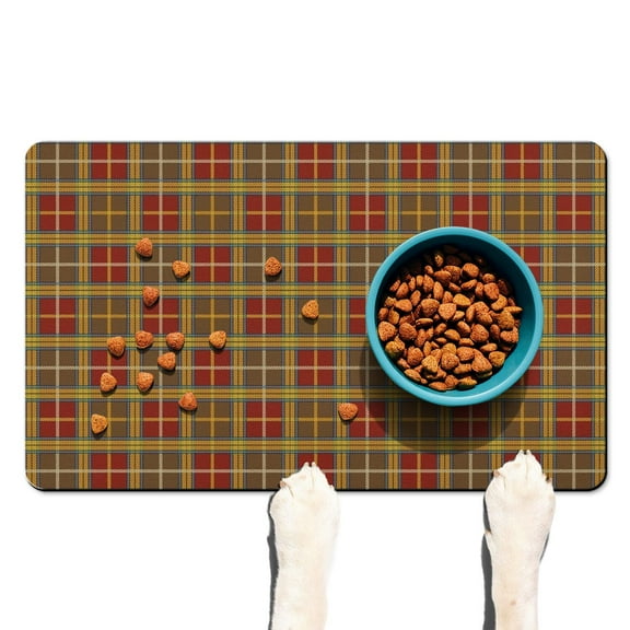 Dog Food Mat with Buffalo Plaid Print, Absorbent Waterproof Pet Feeding Mat, Non-Slip, Quick Dry, Easy Clean Mat Featuring Rustic Farmhouse and Moroccan Geometric Patterns