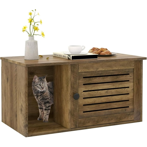 SAEWUD Farmhouse Cat Litter Box Enclosure with Louvered Door, Hidden Litter Cabinet Furniture, Front Entry Pet Washroom, Storage Top, End Table Style, Fits Most Litter Boxes, Brown