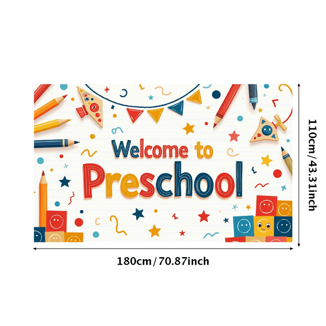 Colorful Welcome to Preschool Banner with School Supplies Elements Background Decorations Backdrop for Preschool Open House Events Classroom Decor Party Supplies Photography Props