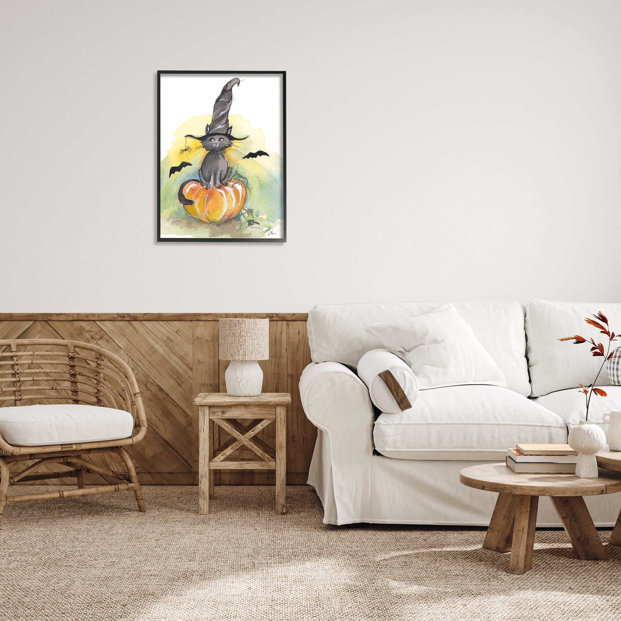 Stupell Industries Witch Cat on Pumpkin Holiday Painting Black Framed Art Print Wall Art, 24 x 30