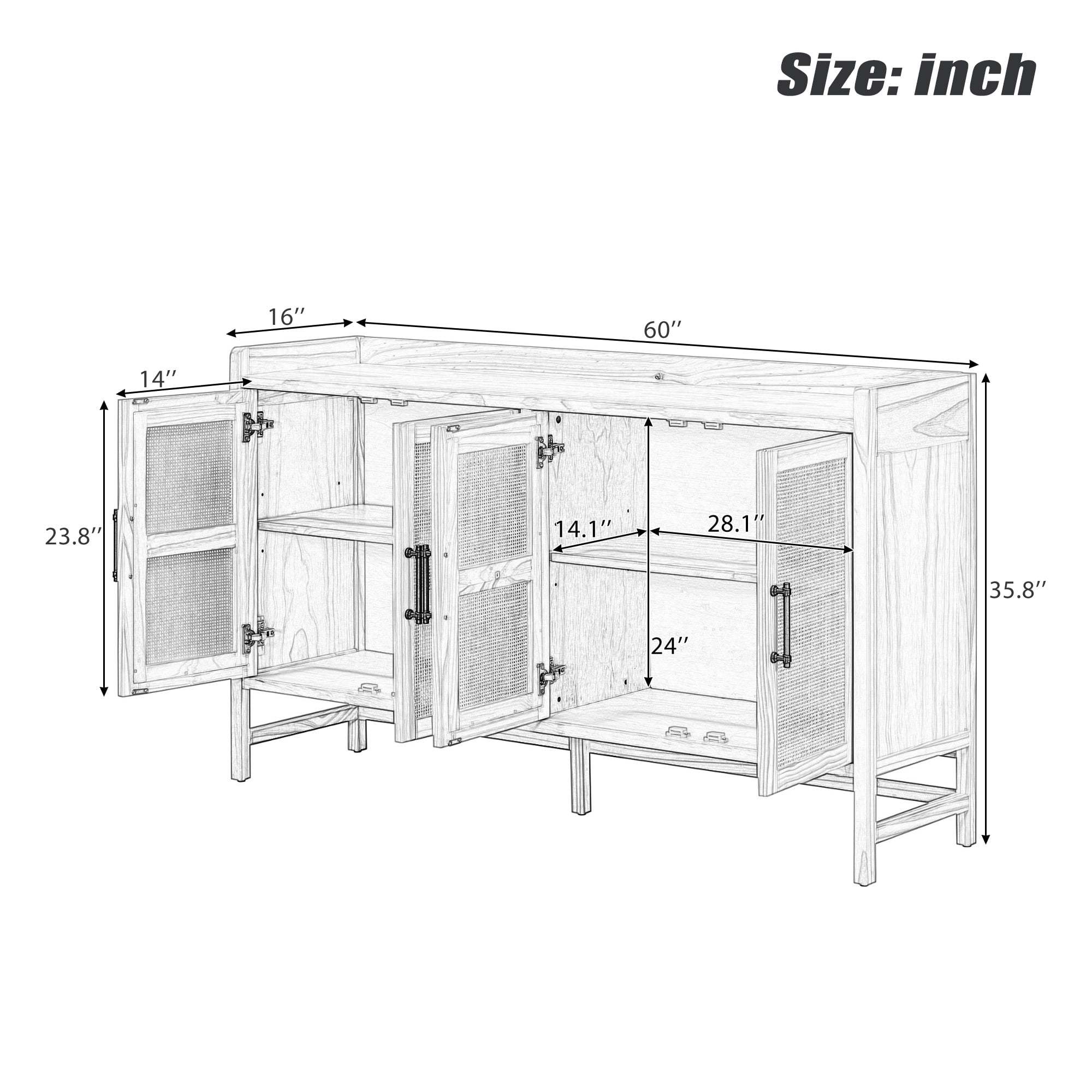 MAYEERTY Rustic Sideboard Cabinet with Rattan Doors, Buffet Cabinet with Storage for Dining Room & Living Room, Black+Natural