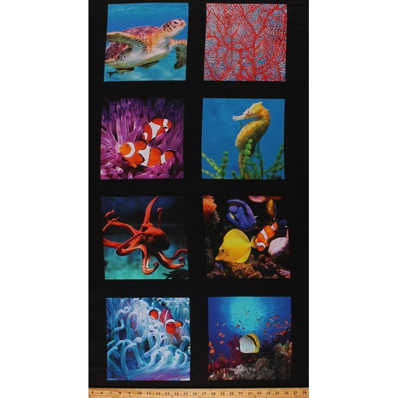 24" X 44" Panel Fish Turtle Seahorse Coral Sea Aquarium Cotton Fabric Panel (Y2640-3 Black)