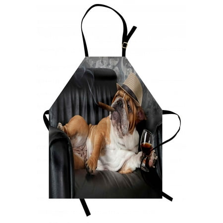 Bulldog Apron - Bulldog Apron Humorous Photo of a Gentleman Dog Resting in a Chair with Glass of Drink and Cigar, Unisex Kitchen Bib Apron with Adjustable Neck for Cooking Baking Gardening, Multicolor, by Ambesonne