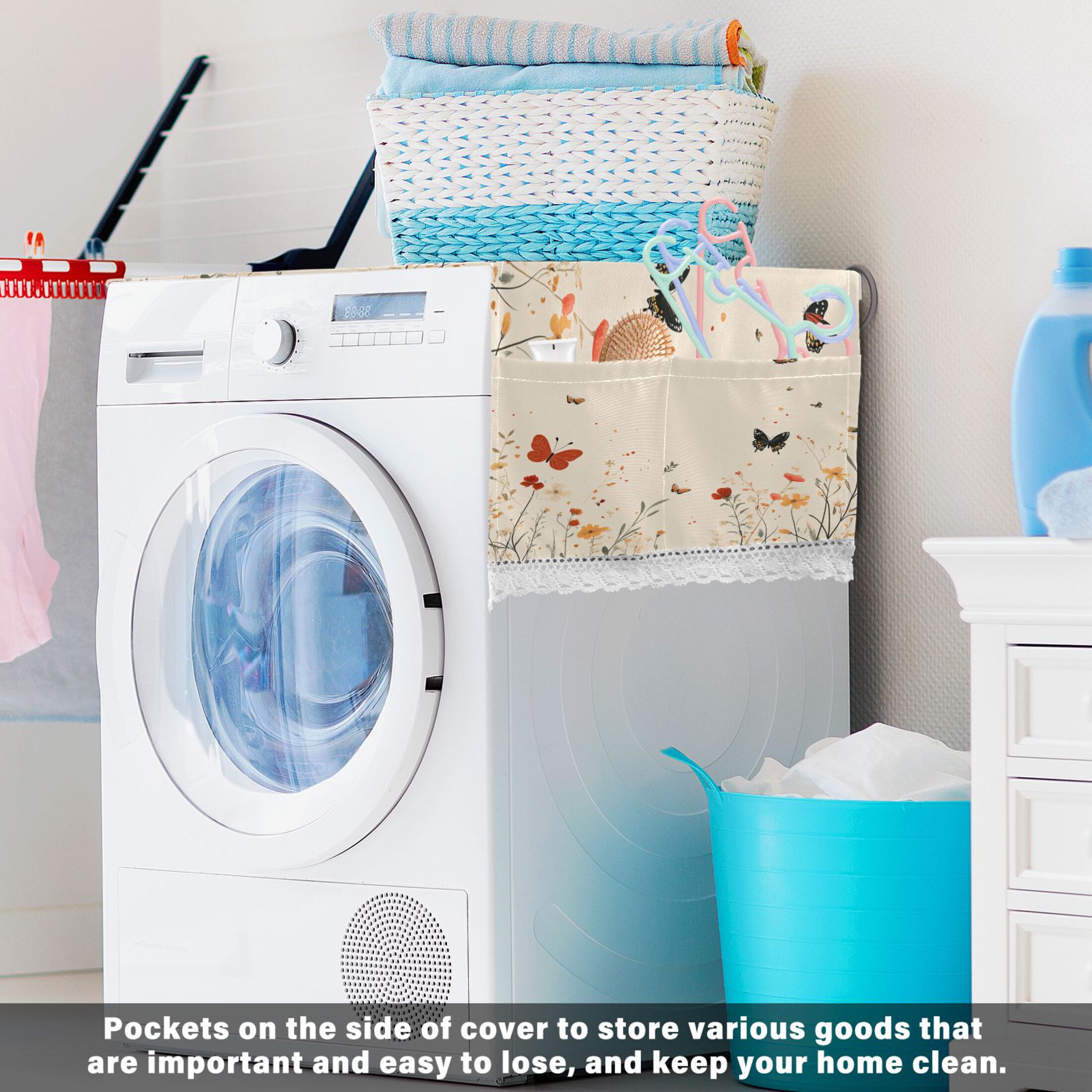 Butterflies on A Beige BackgroundWasher and Dryer Covers Dust-Proof and Oil Resistant Fridge Cover with 4 Storage Pockets Washing Machine Top Cover for Laundry Kitchen Home 51.2 x 22 In