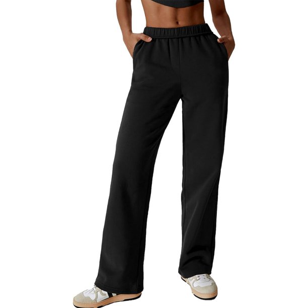 Pantalones deportivos de invierno con bolsillos para mujer, cintura elástica, con forro difuso, pierna recta