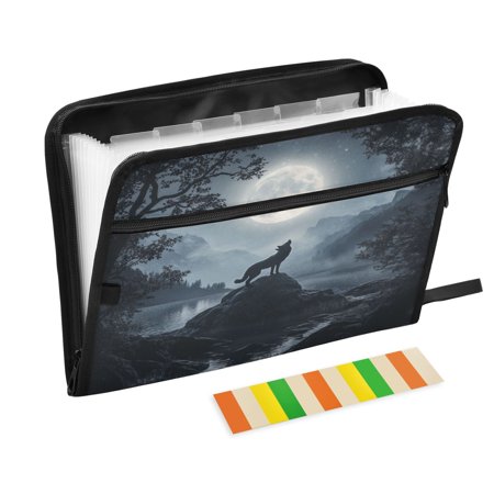 13-Pocket Expanding File Folder A4 Size Organizer Folder for School and Office Supplies Wolf Howling at The Moon