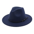 thumbnail image 2 of CIENVNSTG Unisex Wide Flat Top Fedora Hat Vintage Style Belt Buckle Decor Fashion Cap for Church Party Occasions Navy, 2 of 3