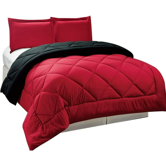 3pc Down Alternative, Reversible Comforter Set Red and Black, Fits Full and Queen Size Beds