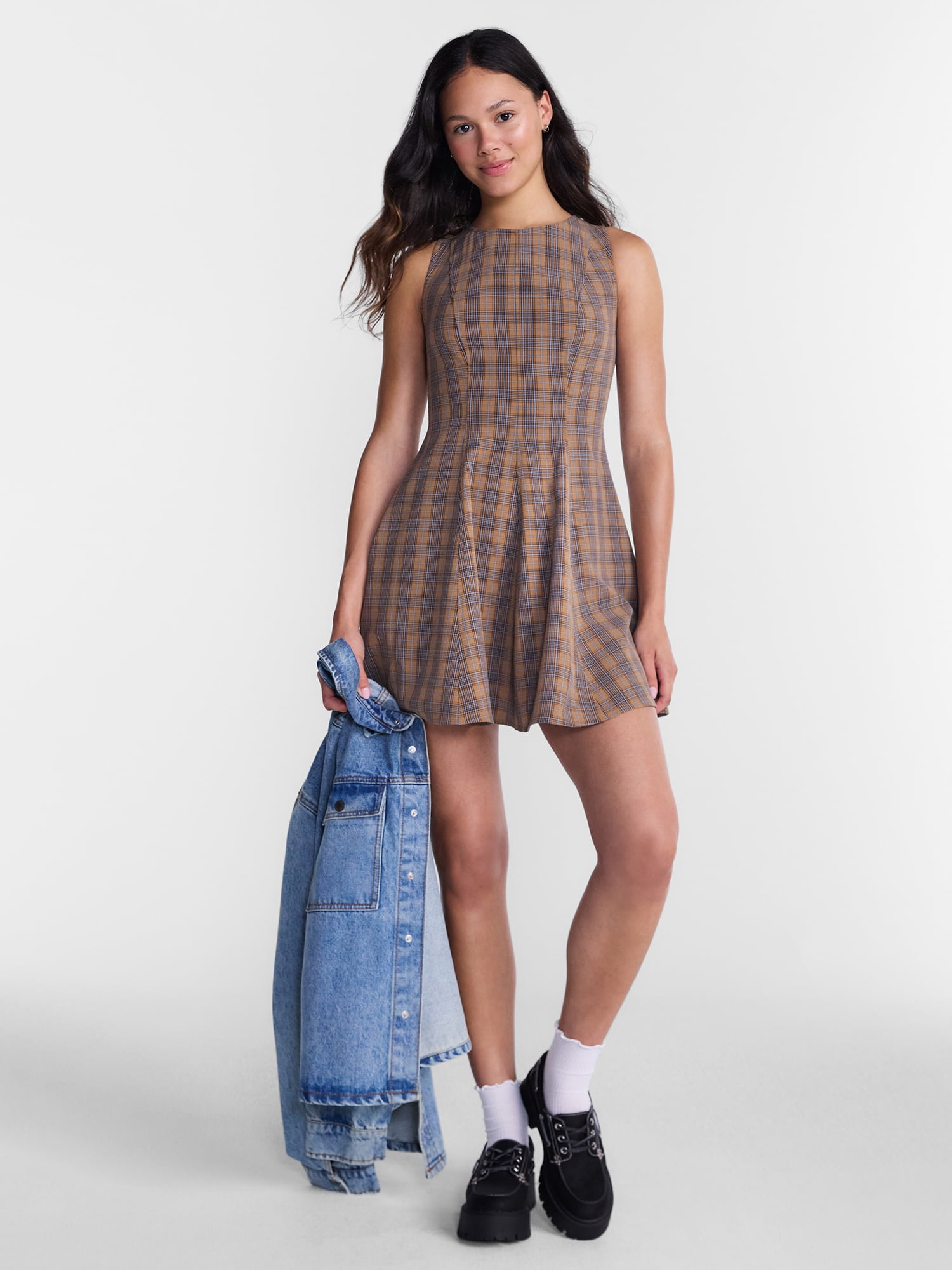 No Boundaries Fit and Flare Plaid Mini Dress, Women’s XXS-XXL