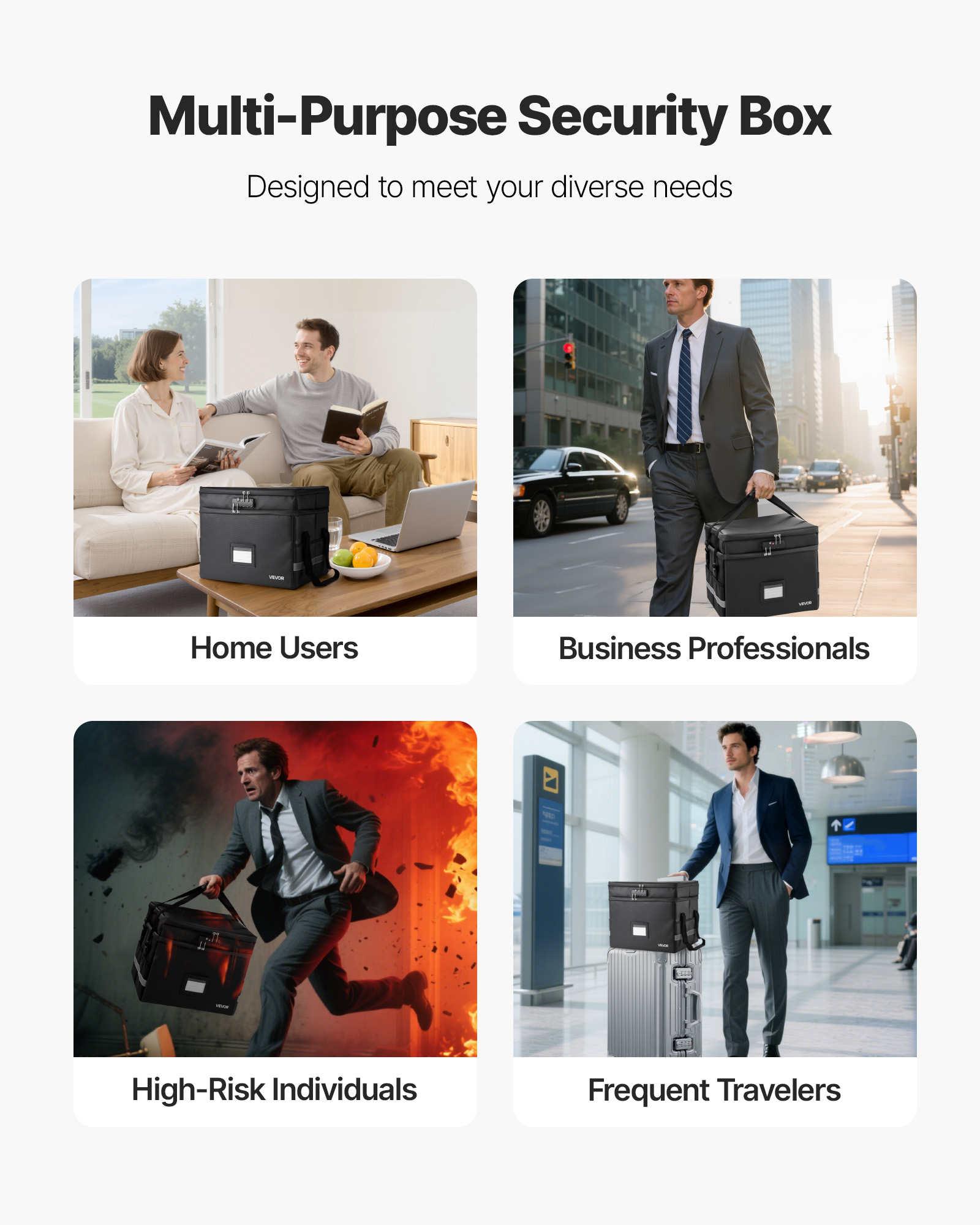 VEVOR Fireproof Document Box, 1832 ℉ Heat Insulated Fireproof & Waterproof Box with Lock, Portable Two-Layer File Storage Organizer Home Office Travel Use, for Passports, Important Documents, Files