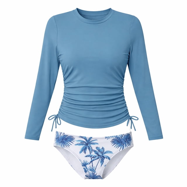 DuoJiaJ Girls Long Sleeve Two Piece Swimwear Ruffle Adjustable Sun Bathing With Floral Print Size 6-7 Y