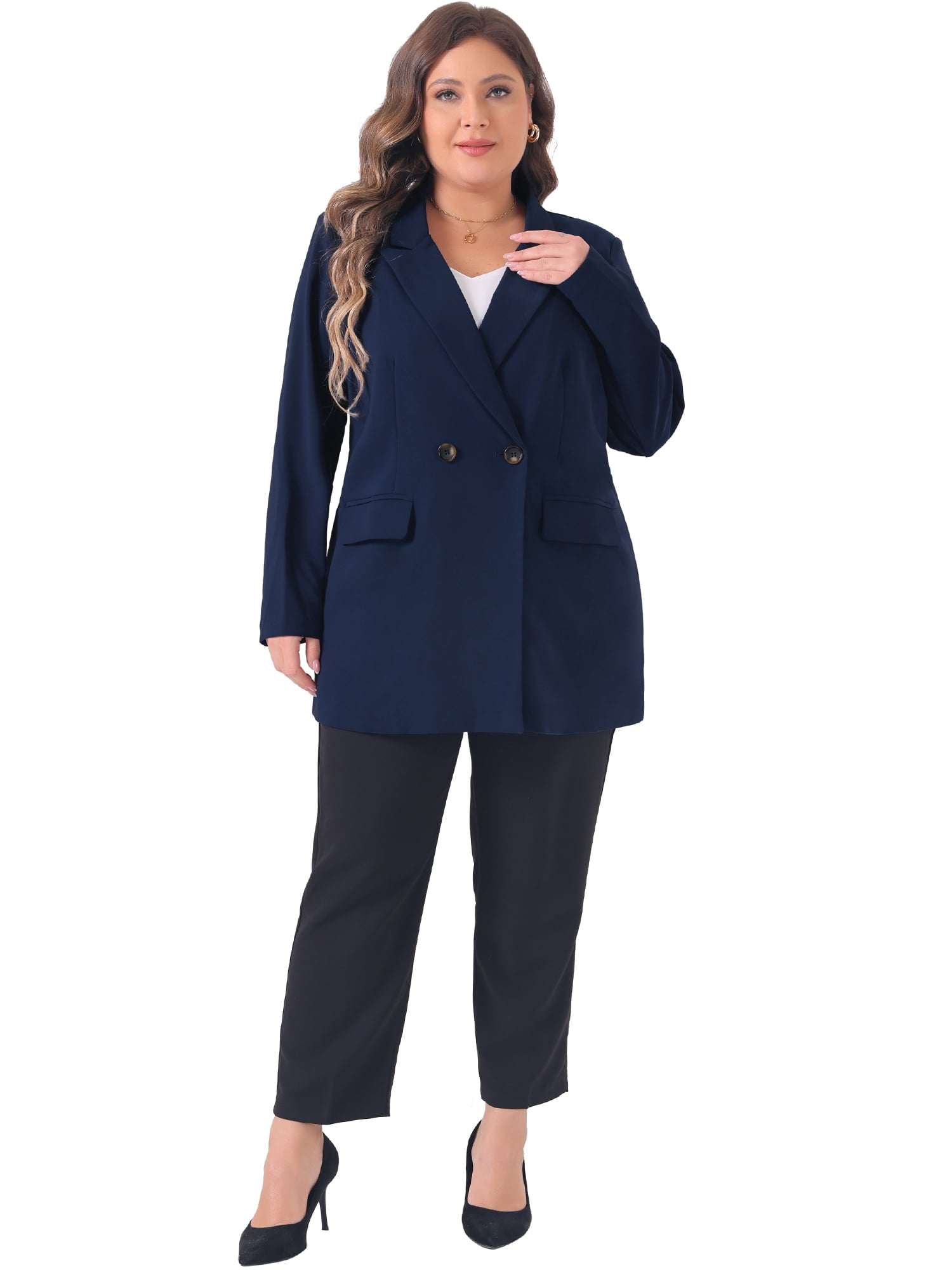DARING DIVA Women's Plus Lapel Button with Pocket Jackets Long Blazer 5X Navy Blue