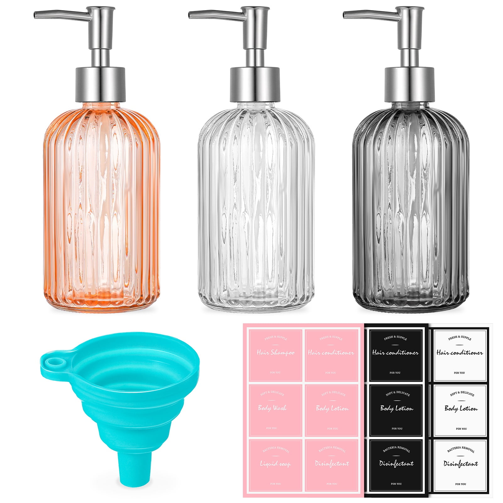 HEQUSIGNS 3 Pack Glass Hand Soap Dispenser, 14 Oz Refillable Liquid Hand Soap Dispenser with Pump, Labels, Funnel for Bathroom, Kitchen（400ml）