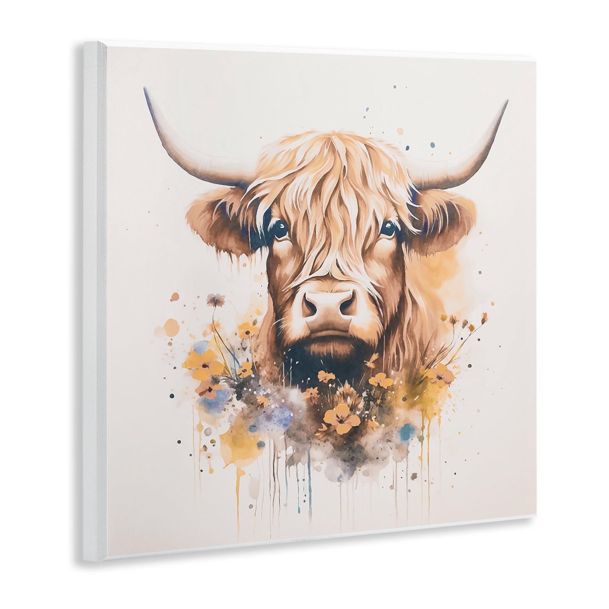 Stupell Industries Fancy Florals Highland Cow Animals Painting Unframed Art Print Wall Art, 12 x 12