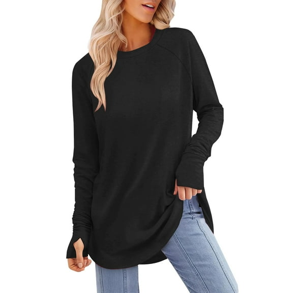 Seductiva Women's Oversized Long Sleeve T Shirts 2025 Women Tunic Tops To Womenear Women with Leggings Long Sleeve Thumb Hole Shirts Crew Neck Curved Hem Loose Fit Lightweight Tunic Shirts Basic Tees
