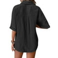 thumbnail image 3 of Women's Casual Solid Color Elbow Length Half Sleeve Button Short Sleeved Turndown Collar Blouse Tops/shirt, 3 of 6
