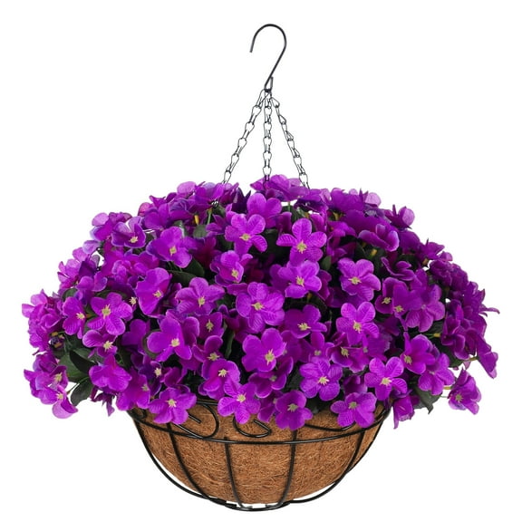 Scidweet Artificial Hanging Flowers with 12" Basket for Outdoors, Fake Flowers Faux Hydrangea for Spring Summer Outside Indoor Home Garden Decoration, Purple