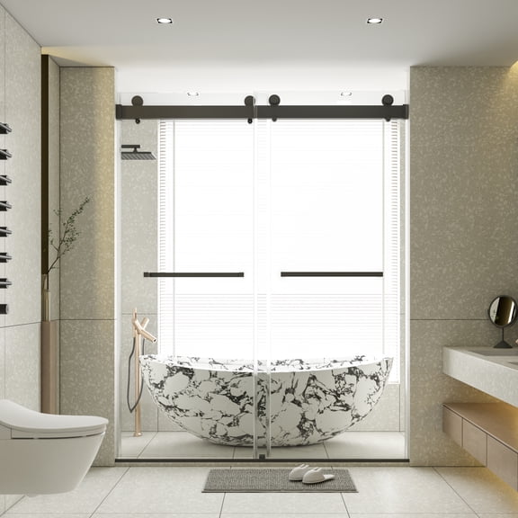 56-60"W x 76"H Frameless Double Sliding Shower Door, 3/8"(10mm) SGCC Tempered Glass, Matte Black