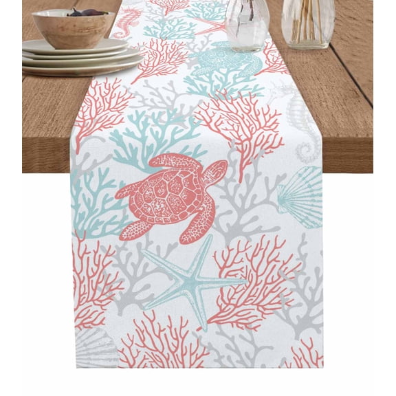 ERUNPONLY Red Aqua Coastal Table Runner - 90 Inch Long Sea Turtle Nautical Coral Summer Beach Cotton and Linen Blended Dress Scarves Farmhouse Table Runner for Kitchen Dining, Coffee Table, 13" x 90"