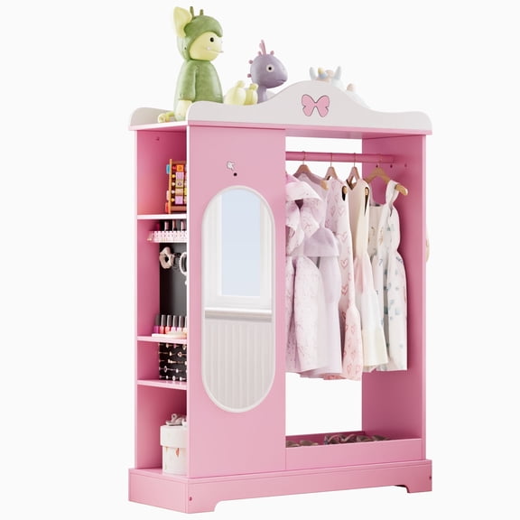 Reasea Kids Armoire Princess Dress Up Closet Jewelry Cabinet with Mirror Pink