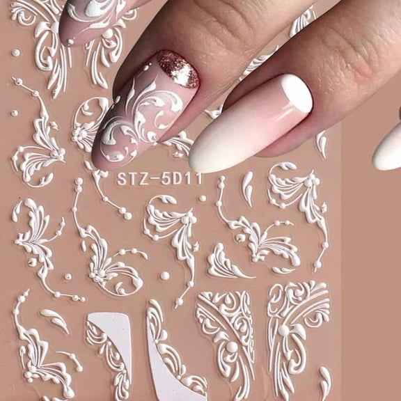 2 Pcs Matte White Lace Flower Nail Art Stickers - Embossed French Design for Elegant Nail Art