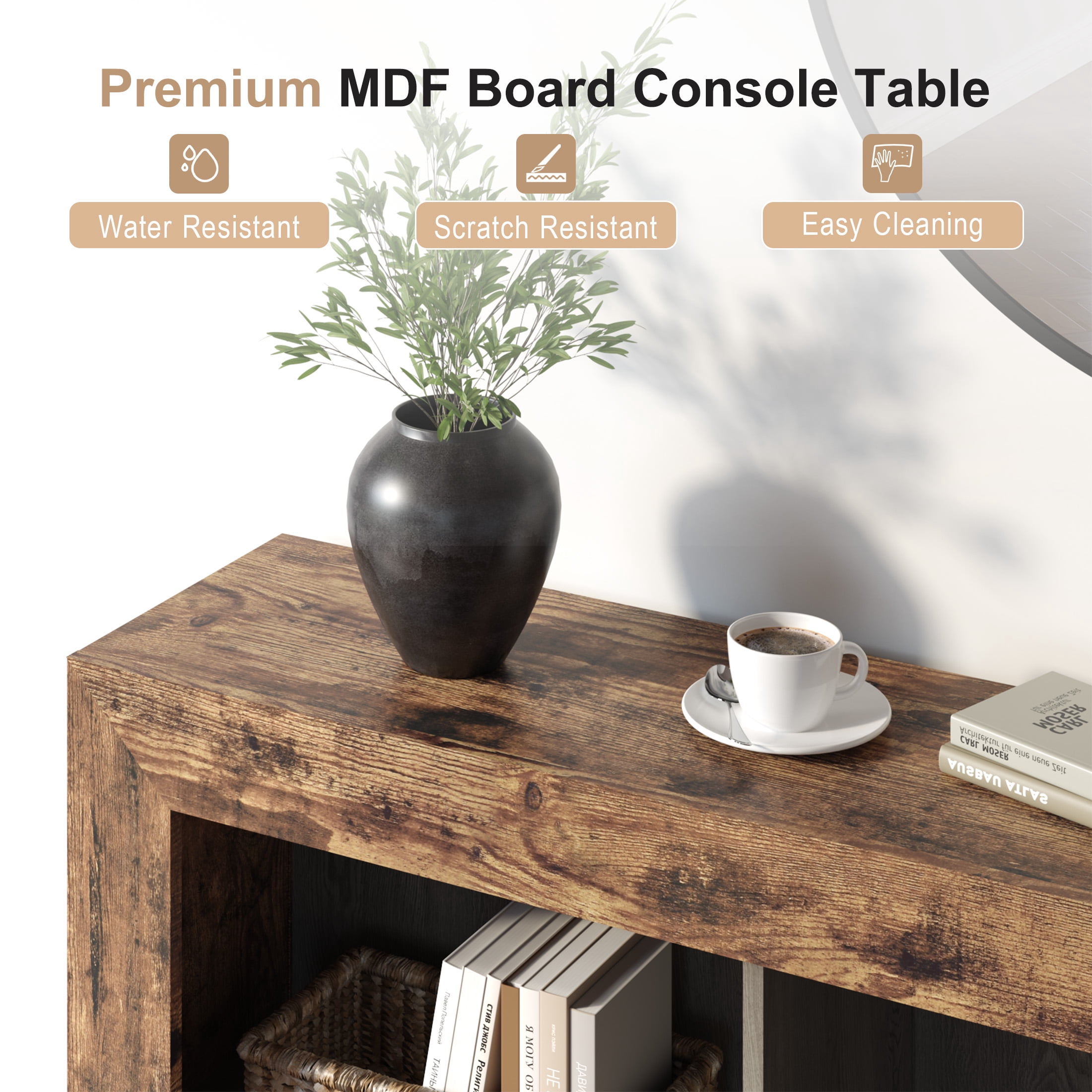 Gelloan 63-Inch Long Sofa Console Table, Rustic Wood Entryway Table with 6 Storage Cubes for Living Room, Hallway, Behind Couch,Brown