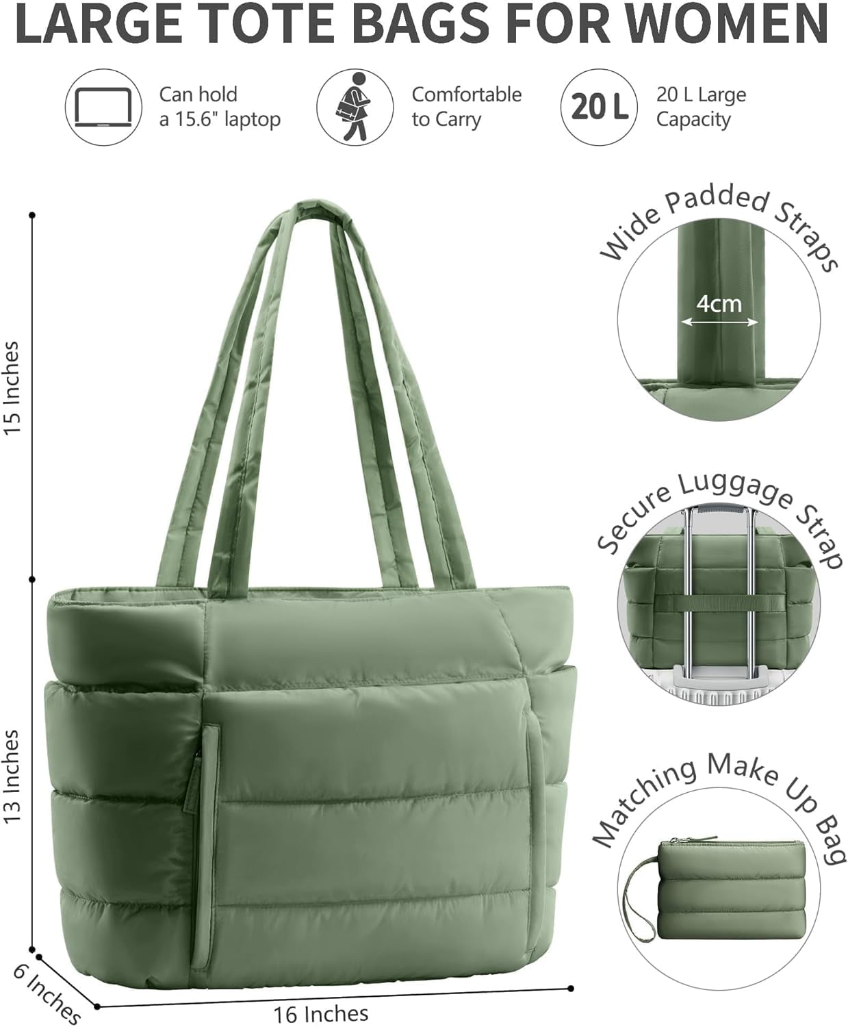 ZUTOYBOLIN Puffer Tote Bag for Women, Lightweight Puffy Work Handbag Teacher Nurse Quilted Shoulder , Daily College Bags, 15.6" Computer Bag, Clinical Nursing Bag, Ideal Gift for Women.Green