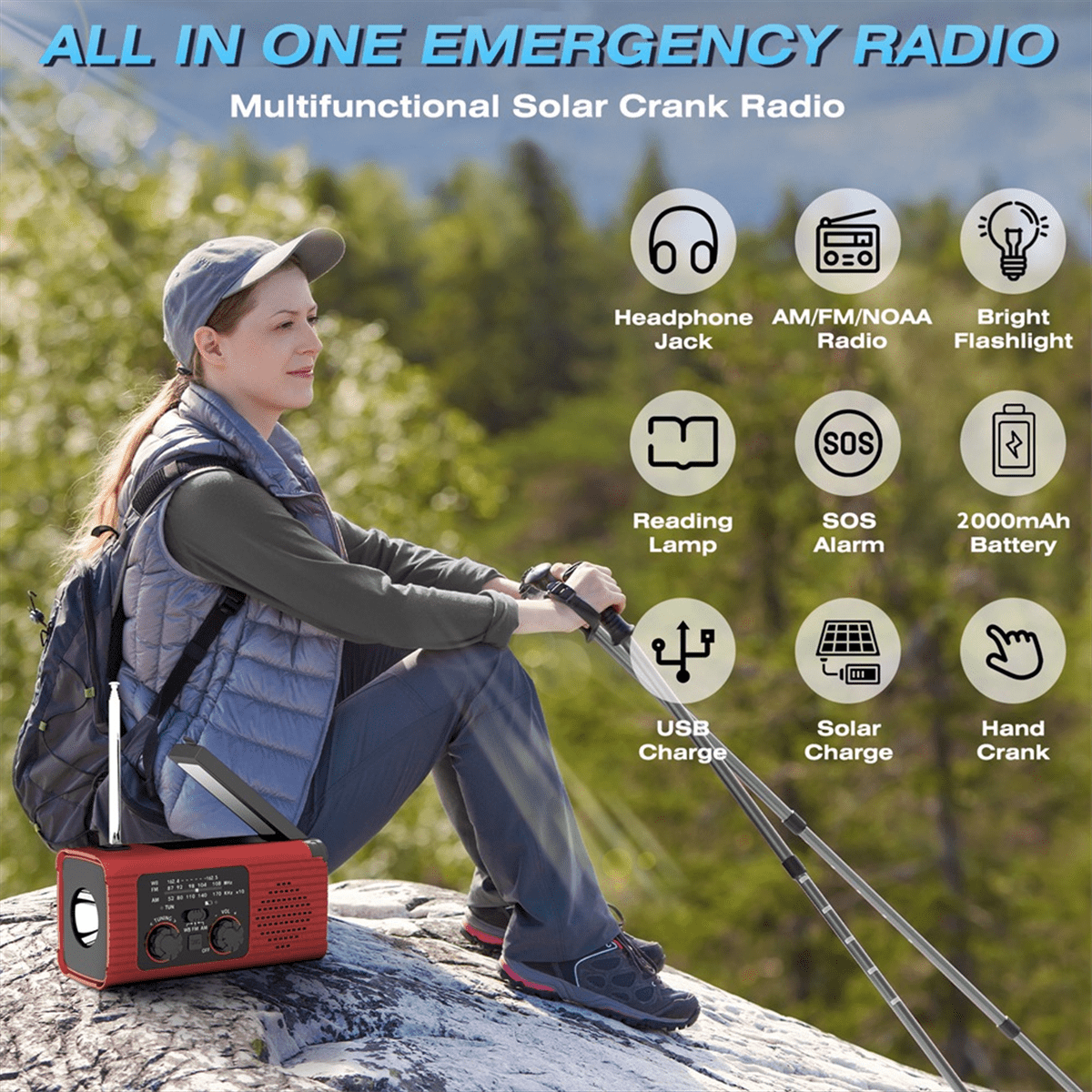 Emergency Weather Radio, 2000MAh Weather Alert Radio Solar Charging, Hand Crank & USB , AM/FM Radio Gray