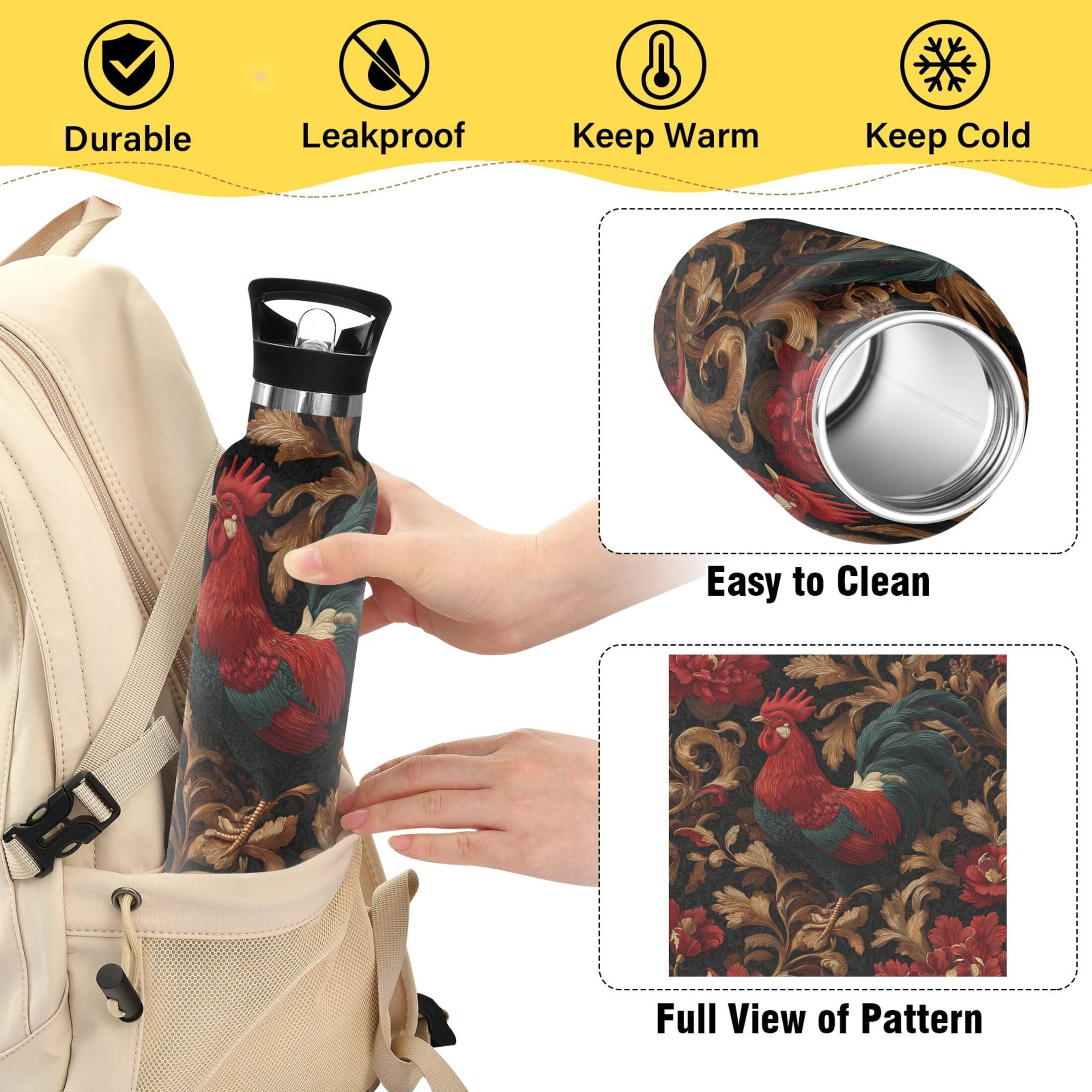 600ML Stainless Steel Insulated Cup Sports Water Bottle Portable Thermos Cup Water Glasses Insulated Tumblers Convenient and Durable Beautiful Big Rooster