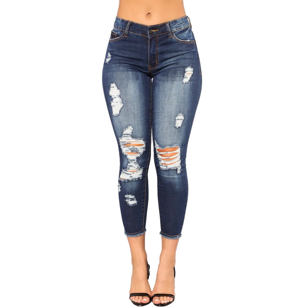 WOMENS HIGH WAISTED RIPPED KNEE RIP STRETCH JEANS QUALITY GIFT SKINNY 6 to 22 UK 
