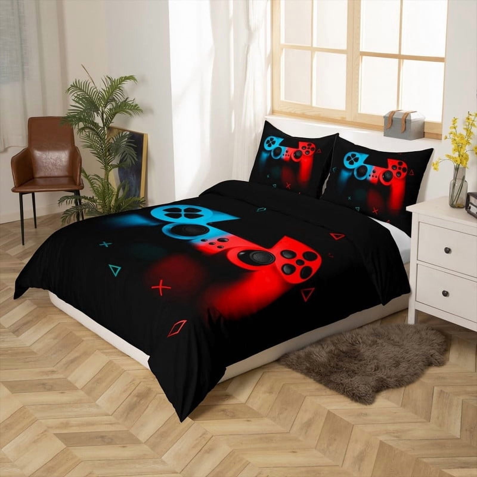 Twin Size Gaming Bedding Set - Soft Microfiber Comforter with Controller & Button Design - for Kids, Teens, Adults - Includes Pillow Sham - Gamer Room Decor