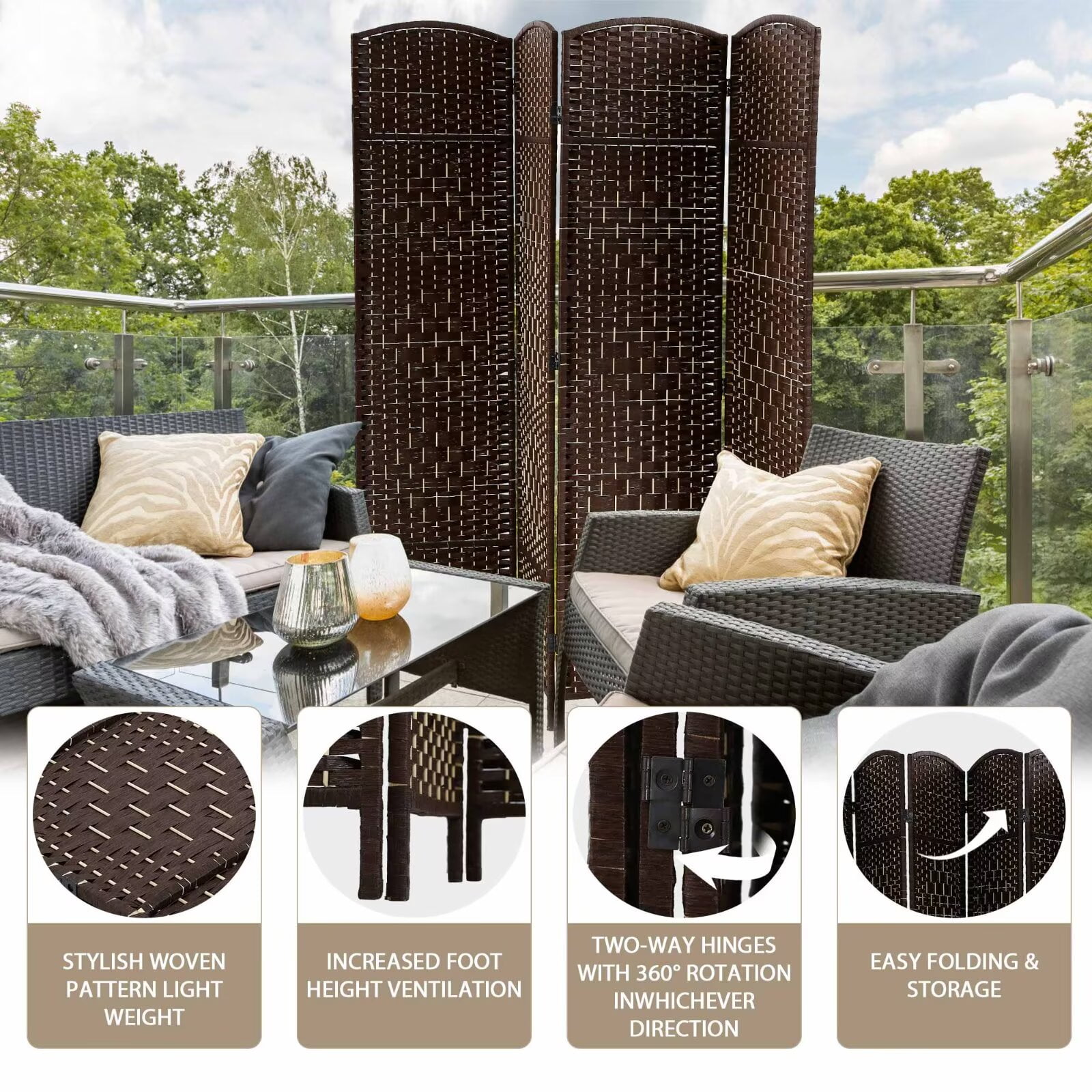 YRLLENSDAN 4 Panel Room Dividers Folding Portable, 6 ft Outdoor Indoor Privacy Screen, Temporary Walls for Home Office Restaurant, Brown