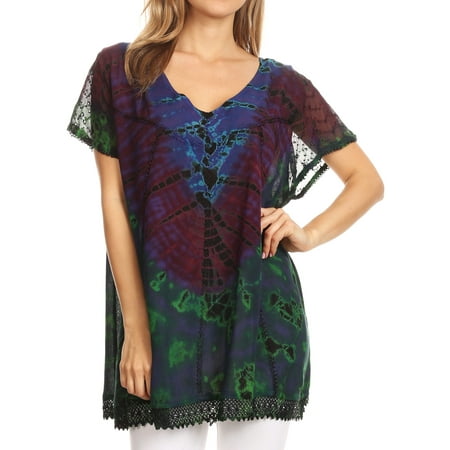 Sakkas Josea Relaxed Fit Tie Dye Embroidered Crepe Cap Sleeve Blouse | Cover Up - Blue - One Size