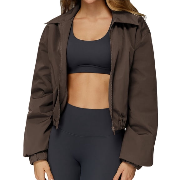 Womens Loose Cropped Jacket Zipper Windproof Warm Sports Outdoor Athletic Running Jacket Coffee Brown L