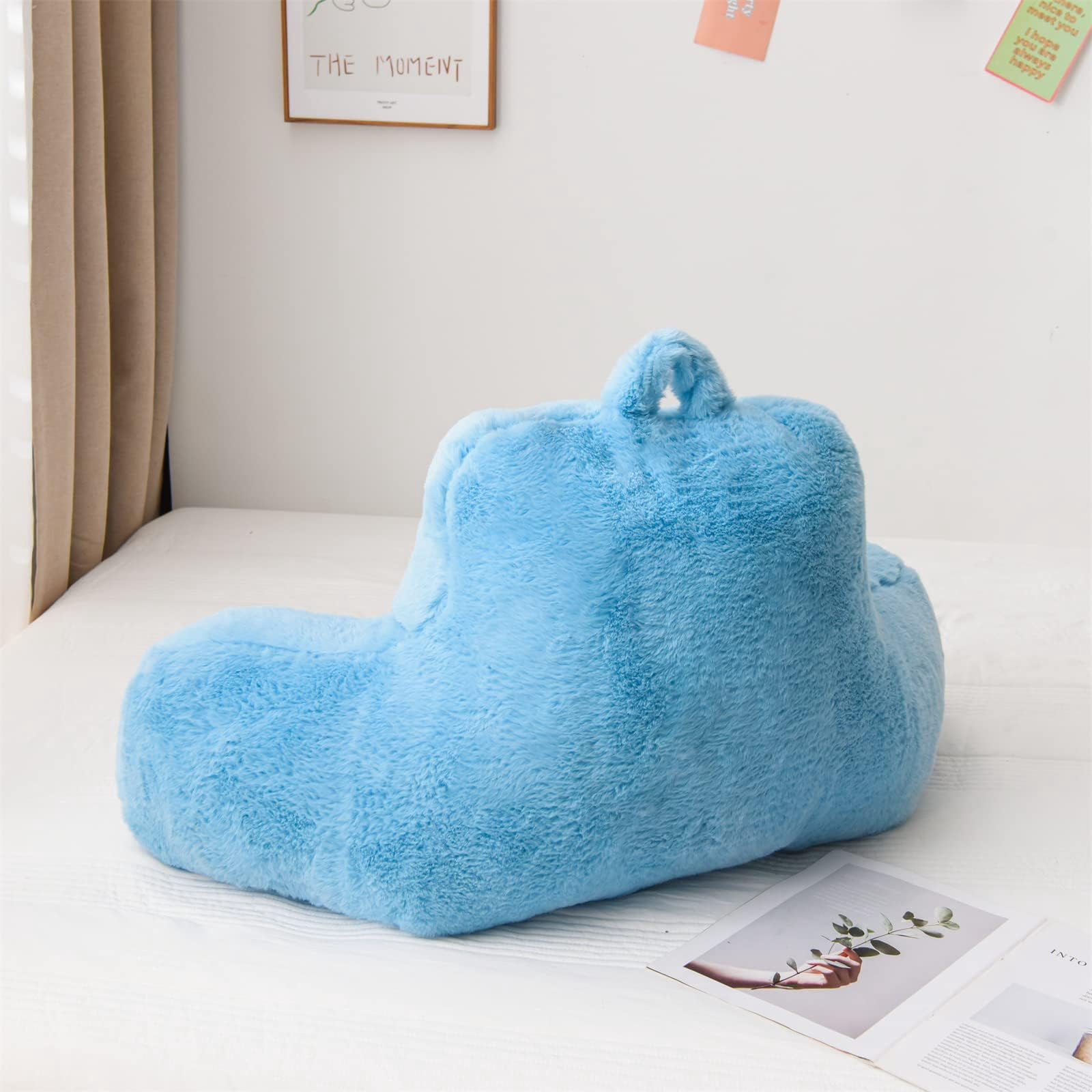 Faux Fur Reading Pillow Bed Wedge Large Adult Children Backrest with Arms Back Support for Sitting Up in Bed or Couch Black