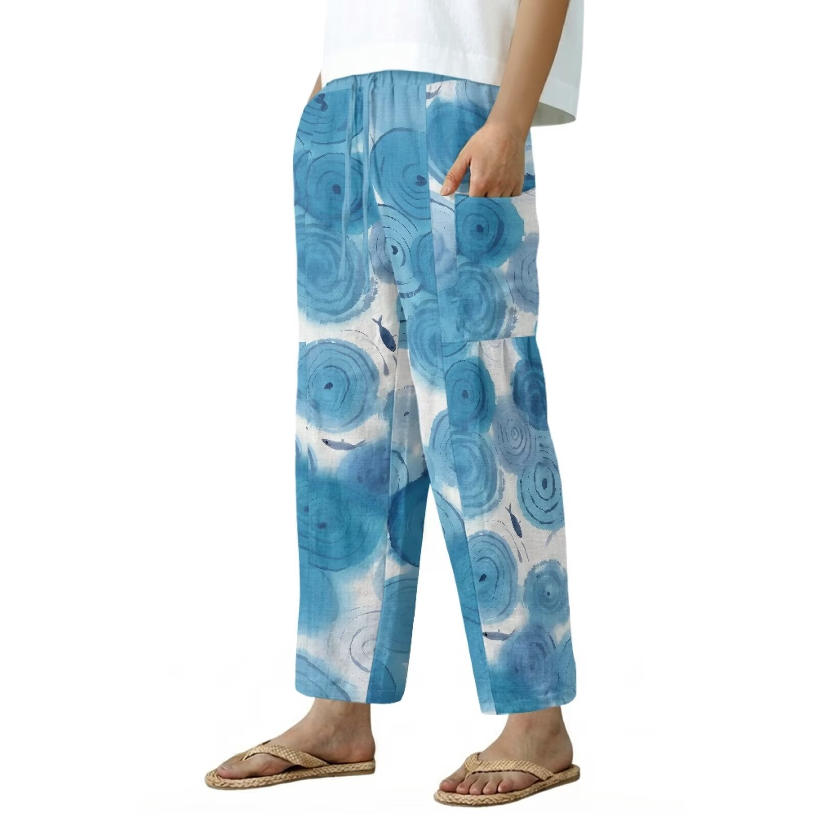 Yuyamidu Chinese Blue Wave Women's Linen Casual Pants Petite Size M Relaxed Fit Flowy Travel Pants Drawstring Lounge Palazzo Trousers Chinese Print Outfits