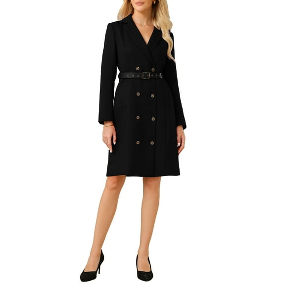 INSPIRE CHIC Women's Tweed Dress Double Breasted Long Sleeve Blazer Dress with Belt S Black