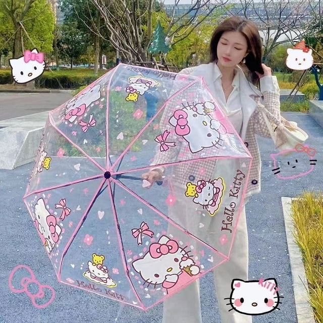 Sanrio-paraguas plegable de Hello Kitty, Paraguas Manual de dibujos animados, Anime, Kuromi Cinnamoroll, portátil, transparente, regalo para estudiantes2315