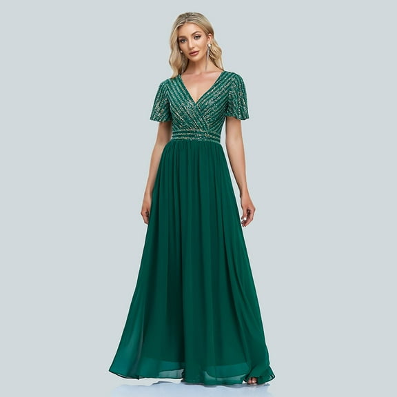 2023 New Women Green Evening Dresses Elegant V-Neck Sequins Chiffon Formal Gown Robe Vestidos De fiesta Dress For Wedding Party