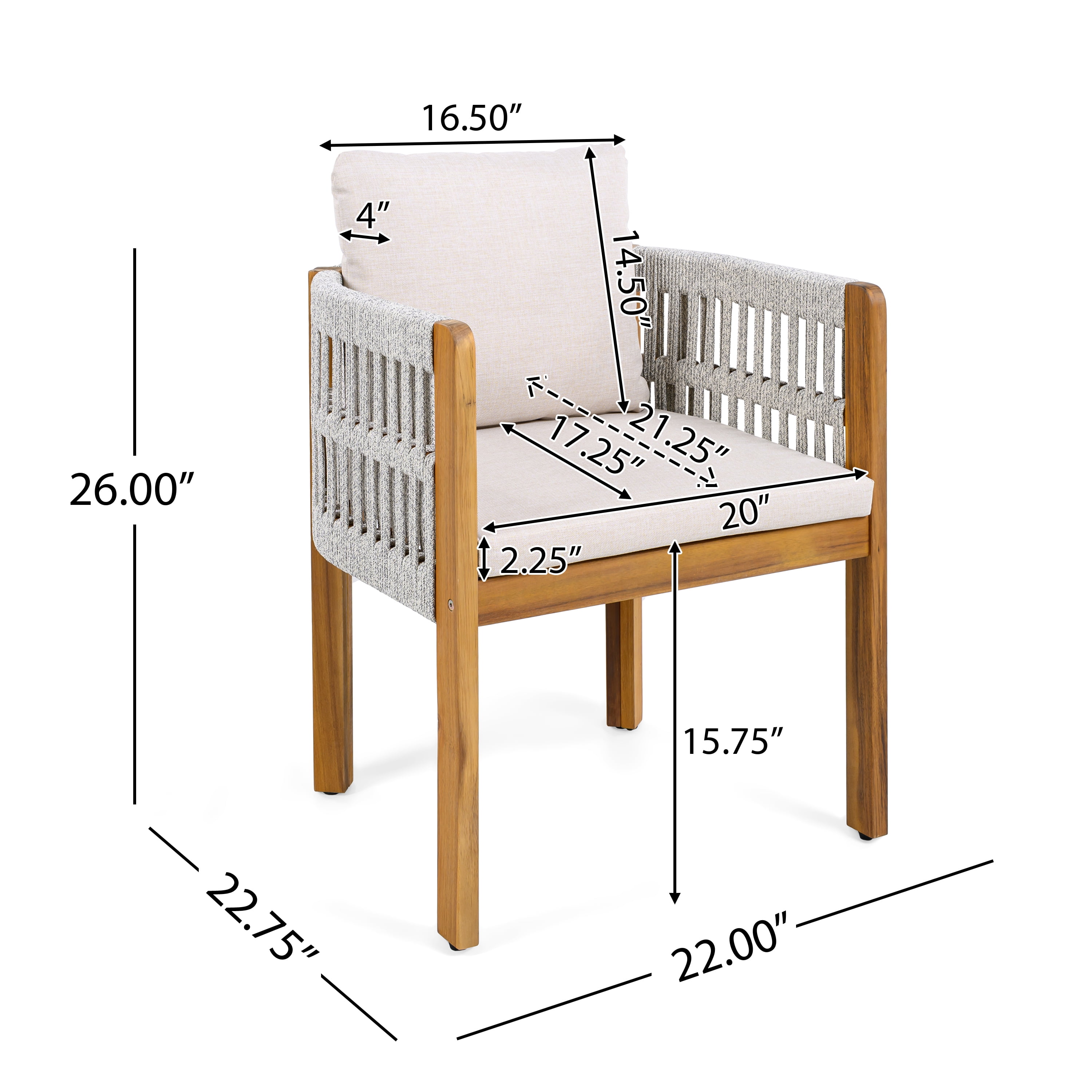 Acacia Wood Outdoor Dining Chairs Set of 2 with Mix Brown Rope Handles Washable Waterproof Beige Cushions, Teak