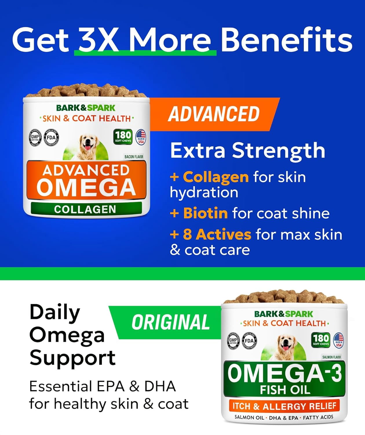 BARK&SPARK Advanced Omega-3 Collagen for Dogs - 180 Fish & Salmon Oil Treats for Dog Shedding, Skin Allergy Chews, Itch Relief, Hot Spots Treatment - Jointm Skin & Coat Supplement, EPA&DHA FattyAcids