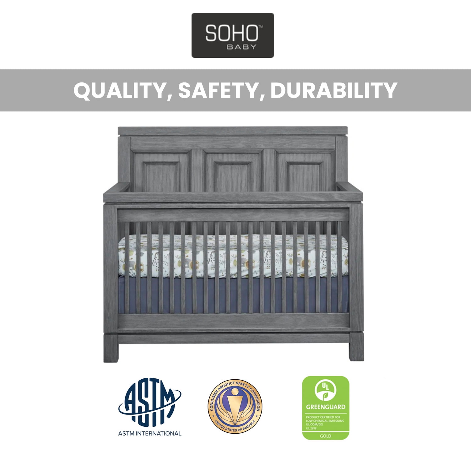 Soho Baby Manchester 4-in-1 Convertible Crib, Rustic Gray, GreenGuard Gold Certified